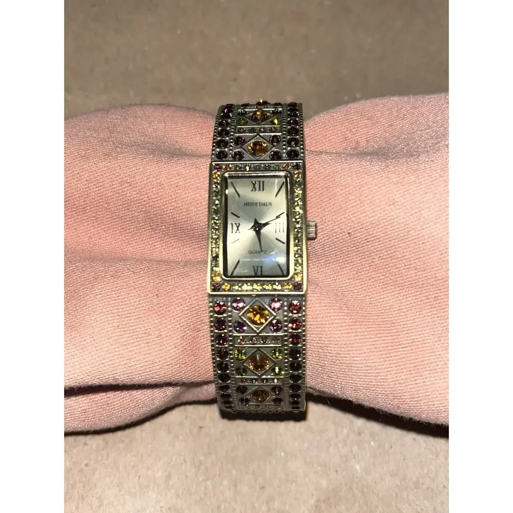 Heidi Daus Double Trouble Bangle Cuff Wrist Watch Swarovski Crystals Brass Tone